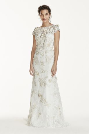 sweet melissa dress sleeve cap 3d dresses lace bridal davidsbridal tulle sleeves tea david plus neck short gown petite stain